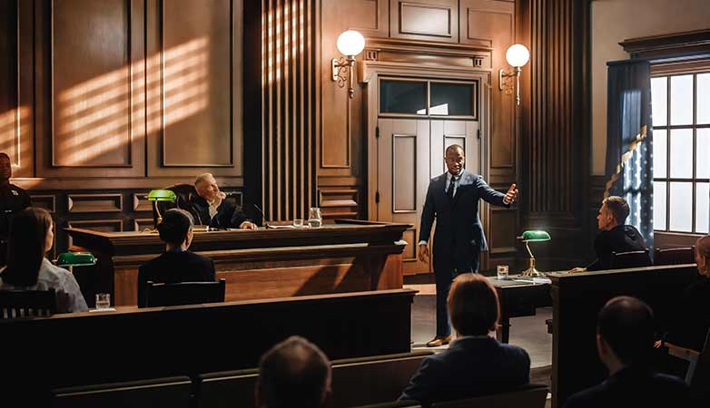 Male public defender presenting case, making passionate speech to jury.