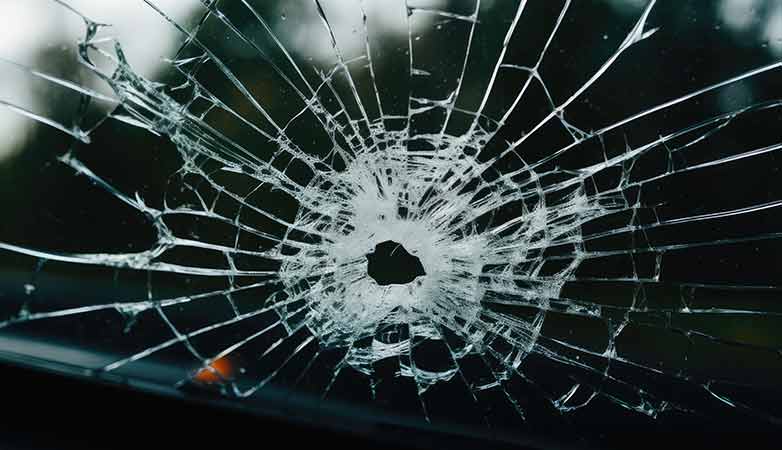 A cracked windshield with a bullet hole.