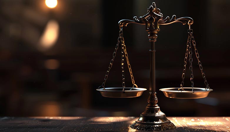 Antique brass balance scales stand on a wooden platform in a courtroom.